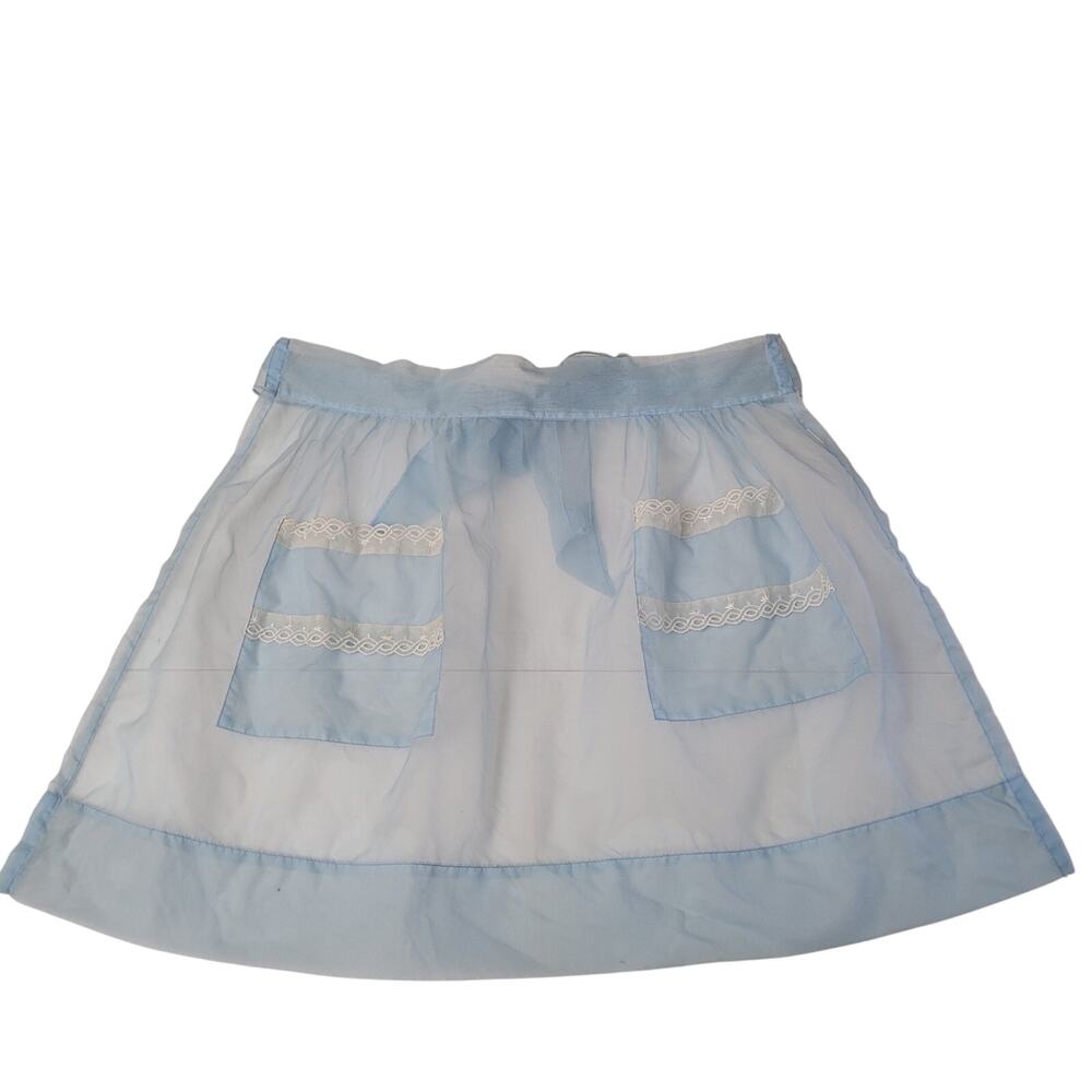 Vintage Sheer Blue Apron Lace Trim Pockets Bow Tie Waist Pinup Retro Kitchen
